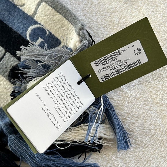 Authentic Gucci Unisex Striped & Signature Wool Scarf Blue Gray White - Picture 3 of 11